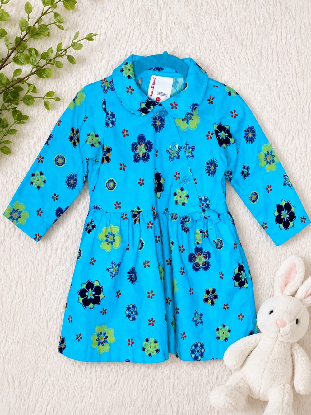 HANNA ANDERSSON Blue Floral Corduroy Dress Size 80 Toddler 2T